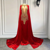 Mermaid Semi Formal Prom Dresses with Red Scoop Neckline and Beadings Cape